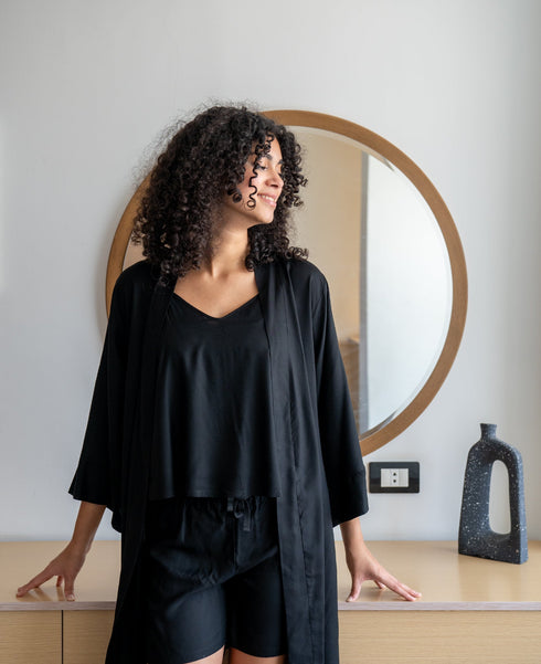 Women summer 3 piece pajama set "Black Top +kimono & short"