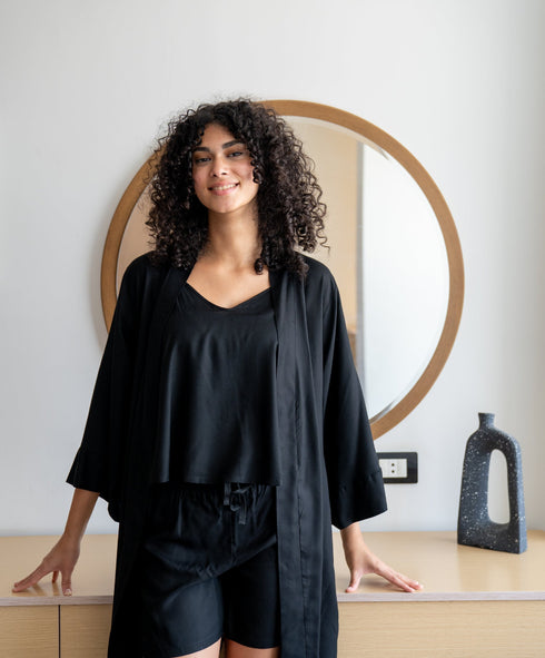 Women summer 3 piece pajama set "Black Top +kimono & short"