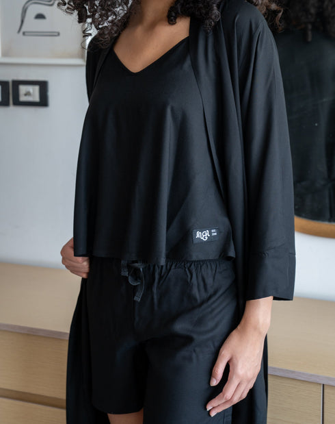 Women summer 3 piece pajama set "Black Top +kimono & short"