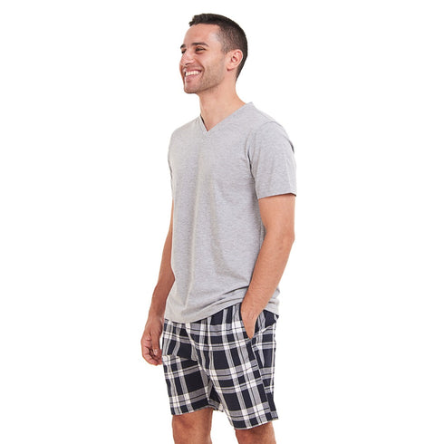 بيجامة رجالي صيفي تيشيرت رمادي + شورت كاروهات