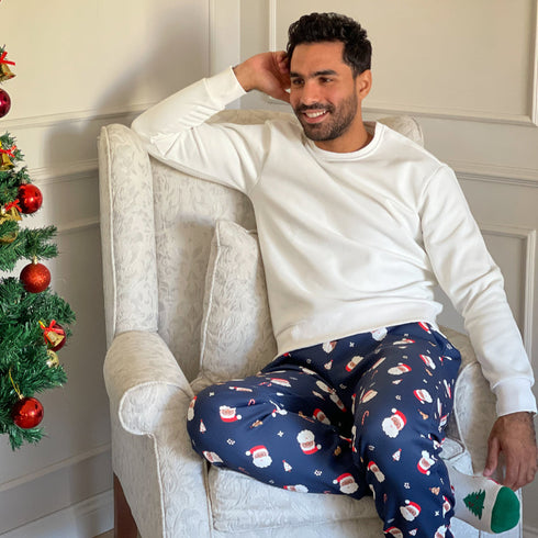 طقم بيجامة شتوية رجالي سويت شيرت ابيض + بنطال مطبوع