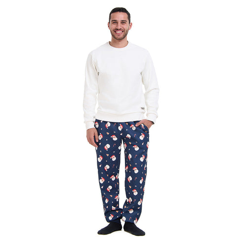 طقم بيجامة شتوية رجالي سويت شيرت ابيض + بنطال مطبوع