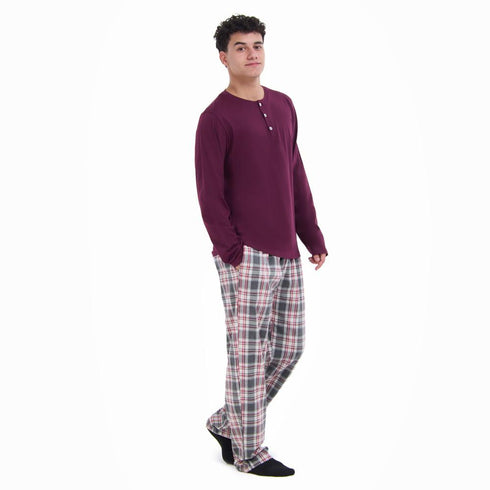 طقم بيجامة خريفي رجالي تيشيرت نبيتي + بنطال كاروهات