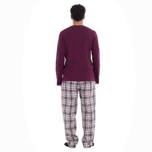 طقم بيجامة خريفي رجالي تيشيرت نبيتي + بنطال كاروهات