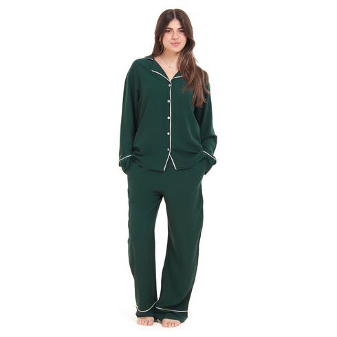 Women summer pajama set "Dark green buttoned shirt + Pants"