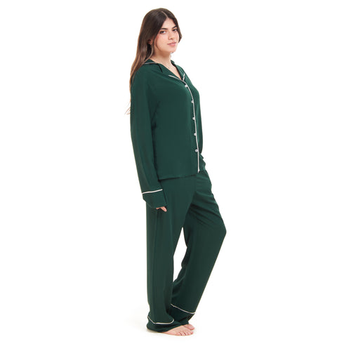 Women summer pajama set "Dark green buttoned shirt + Pants"