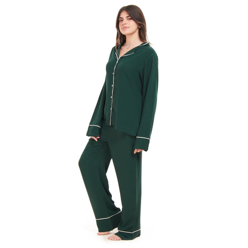 Women summer pajama set "Dark green buttoned shirt + Pants"