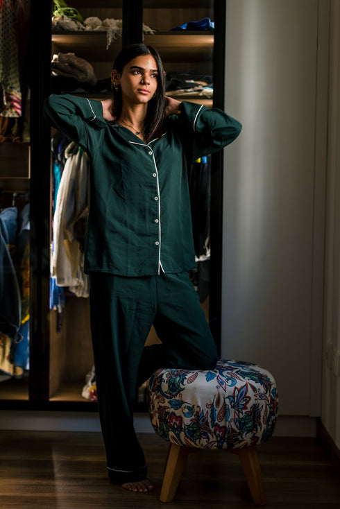 Women summer pajama set "Dark green buttoned shirt + Pants"