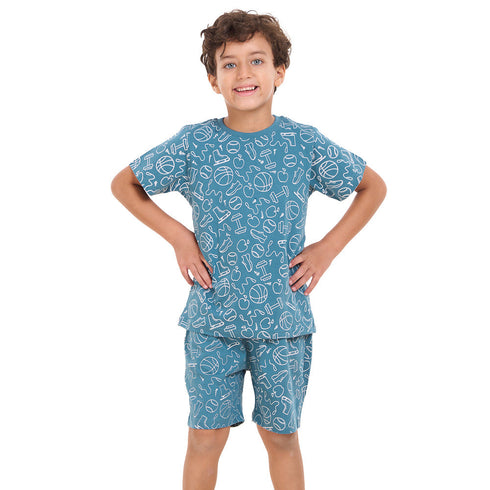 طقم بيجاما شورت ولادي ازرق فاتح بطبعة رياضة + تيشيرت