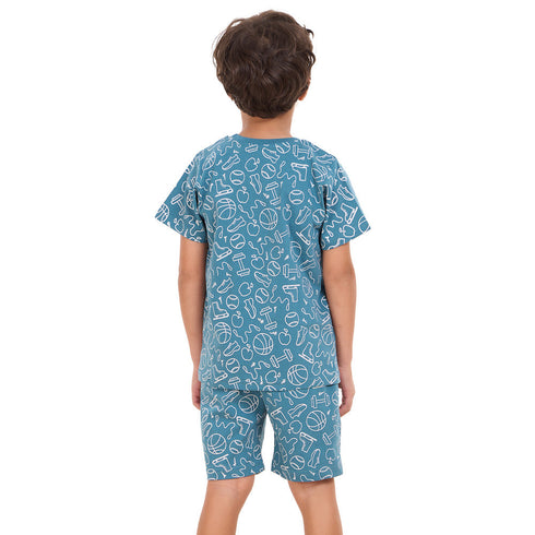 طقم بيجاما شورت ولادي ازرق فاتح بطبعة رياضة + تيشيرت