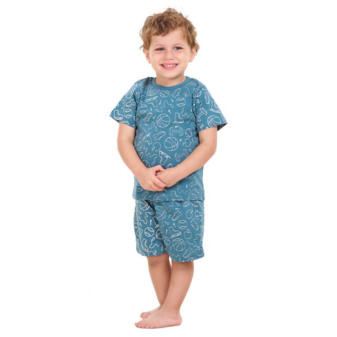 طقم بيجاما شورت ولادي ازرق فاتح بطبعة رياضة + تيشيرت