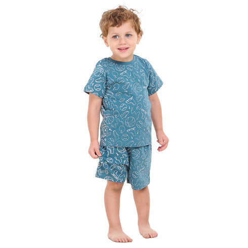 طقم بيجاما شورت ولادي ازرق فاتح بطبعة رياضة + تيشيرت