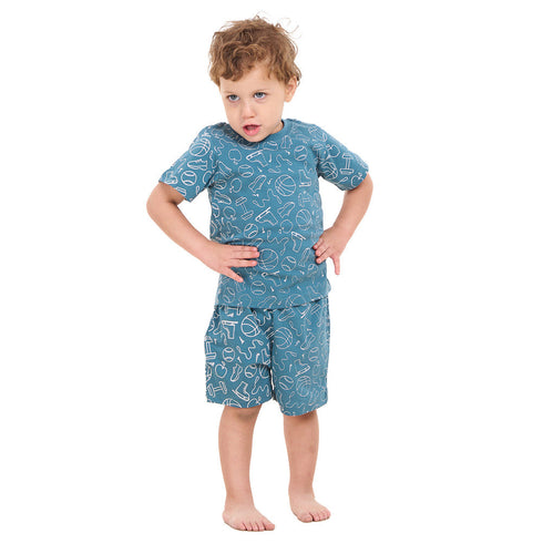 طقم بيجاما شورت ولادي ازرق فاتح بطبعة رياضة + تيشيرت
