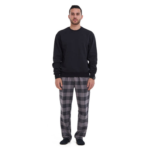طقم بيجامة شتوية رجالي سويت شيرت اسود + بنطال كاروهات