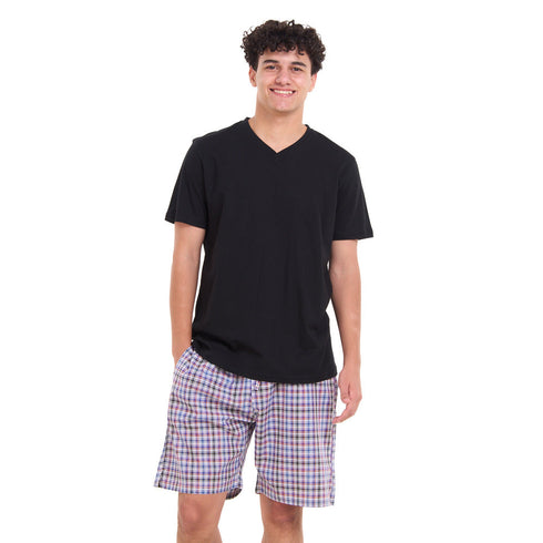 طقم بيجامة رجالي تيشيرت اسود + شورت كاروهات