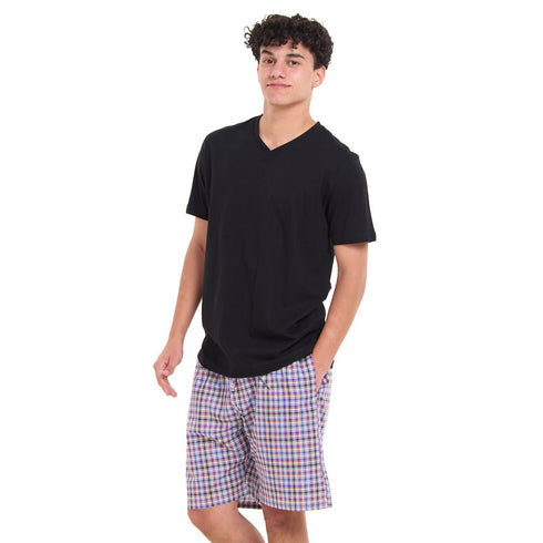 طقم بيجامة رجالي تيشيرت اسود + شورت كاروهات