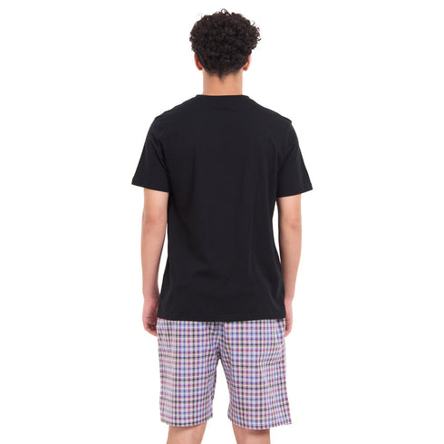 طقم بيجامة رجالي تيشيرت اسود + شورت كاروهات