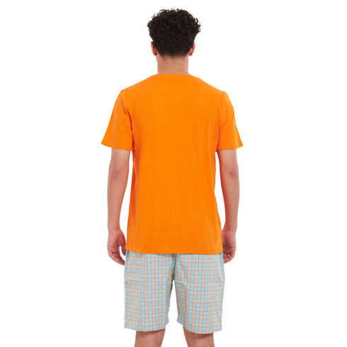 بيجامة رجالي صيفي تيشيرت برتقالي + شورت كاروهات برتقالي