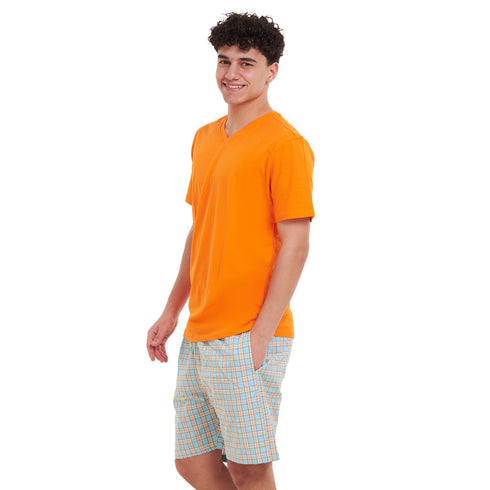 بيجامة رجالي صيفي تيشيرت برتقالي + شورت كاروهات برتقالي