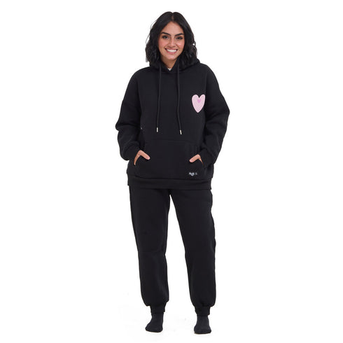 طقم بيجامة شتوية للسيدات هودي مطبوع اسود "self love era"