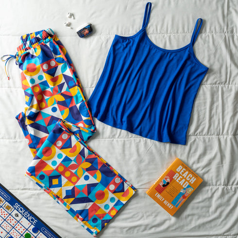 Women summer pajama set "Blue top + Geometric Pants"