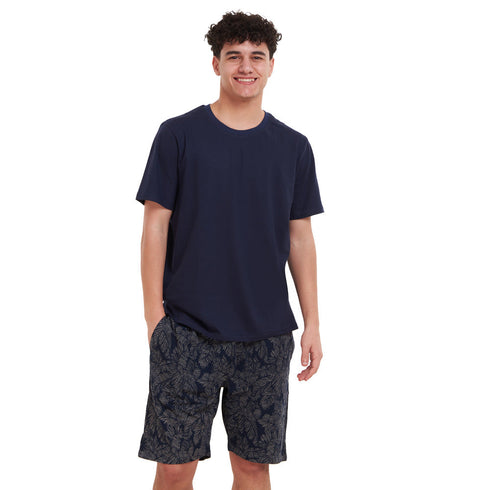 بيجامة رجالي صيفي تيشيرت كحلي + شورت مطبوع بيج