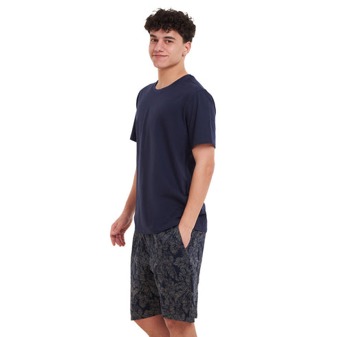 بيجامة رجالي صيفي تيشيرت كحلي + شورت مطبوع بيج