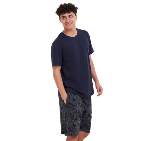 بيجامة رجالي صيفي تيشيرت كحلي + شورت مطبوع بيج