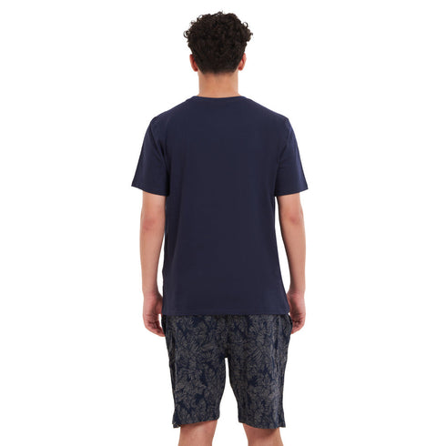 بيجامة رجالي صيفي تيشيرت كحلي + شورت مطبوع بيج