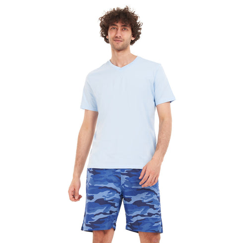 بيجامة رجالي صيفي تيشيرت ازرق + شورت بطبعات