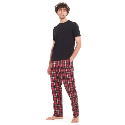 طقم بيجامة رجالي تيشيرت اسود + بنطال كاروهات