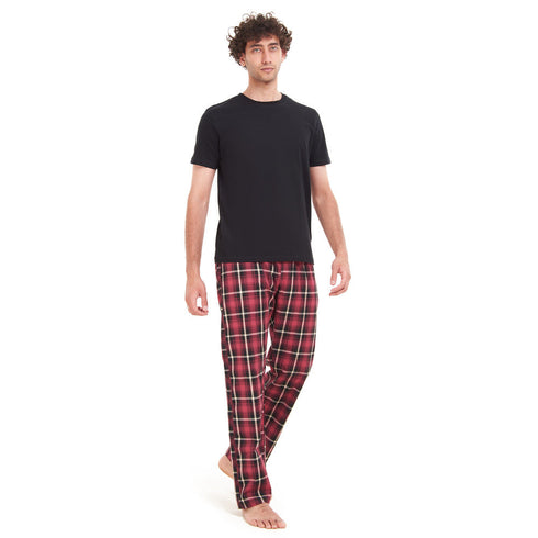 طقم بيجامة رجالي تيشيرت اسود + بنطال كاروهات