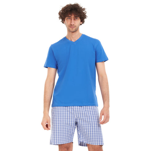 بيجامة رجالي صيفي تيشيرت ازرق ملكي + شورت كاروهات