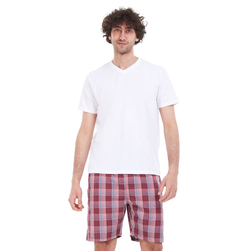 بيجامة رجالي صيفي تيشيرت ابيض+ شورت كاروهات