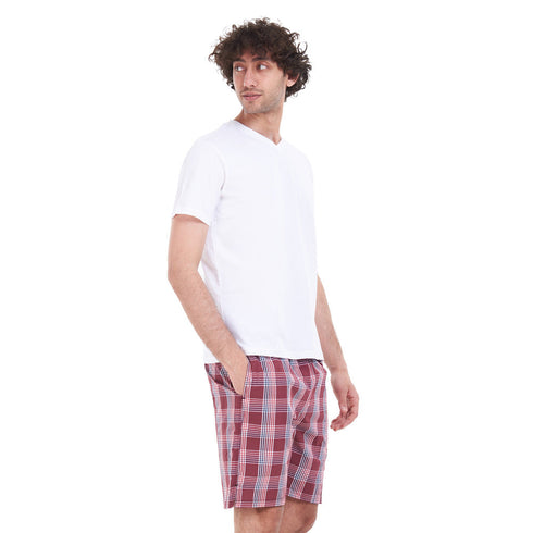 بيجامة رجالي صيفي تيشيرت ابيض+ شورت كاروهات