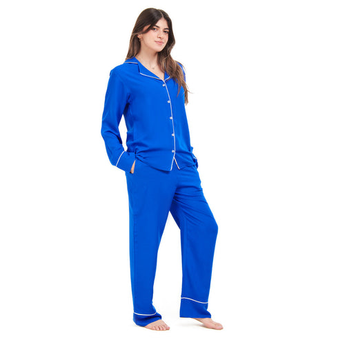 Women summer pajama set "Royal Blue buttoned shirt + Pants"