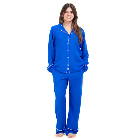 Women summer pajama set "Royal Blue buttoned shirt + Pants"
