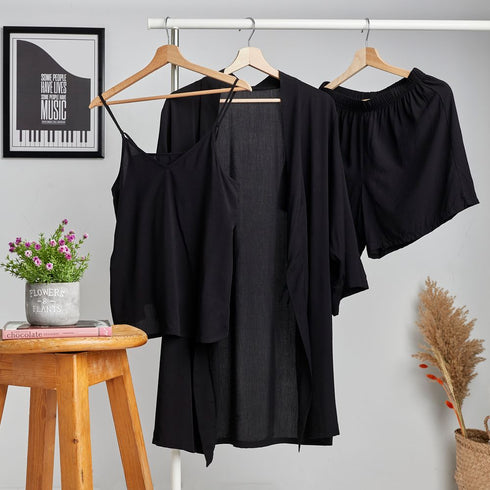 Women summer 3 piece pajama set "Black Top +kimono & short"