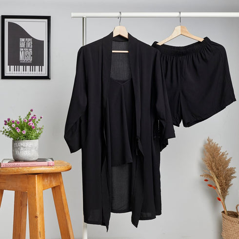 Women summer 3 piece pajama set "Black Top +kimono & short"