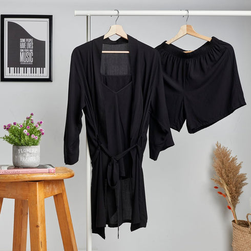 Women summer 3 piece pajama set "Black Top +kimono & short"