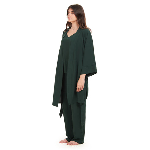 Women summer 3 piece pajama set "Dark Green Top + Dark Green kimono & Pants"