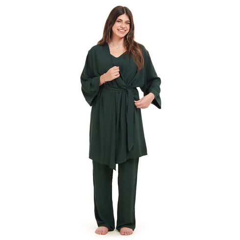 Women summer 3 piece pajama set "Dark Green Top + Dark Green kimono & Pants"