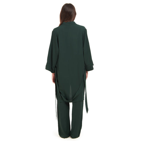 Women summer 3 piece pajama set "Dark Green Top + Dark Green kimono & Pants"