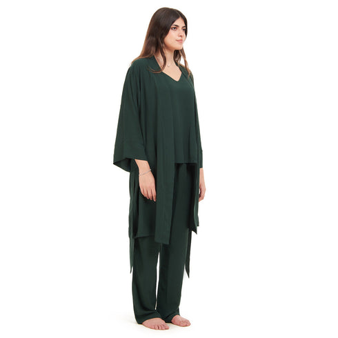 Women summer 3 piece pajama set "Dark Green Top + Dark Green kimono & Pants"