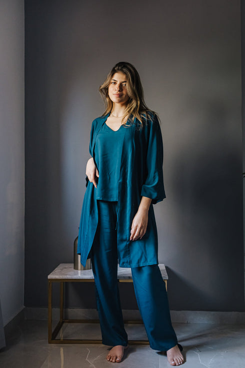 Women summer 3 piece pajama set "Petroleum Top + Petroleum kimono & Pants"