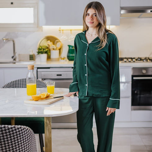 Women summer pajama set "Dark green buttoned shirt + Pants"