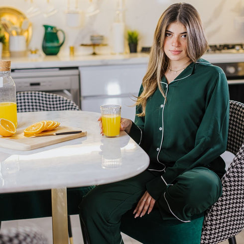 Women summer pajama set "Dark green buttoned shirt + Pants"